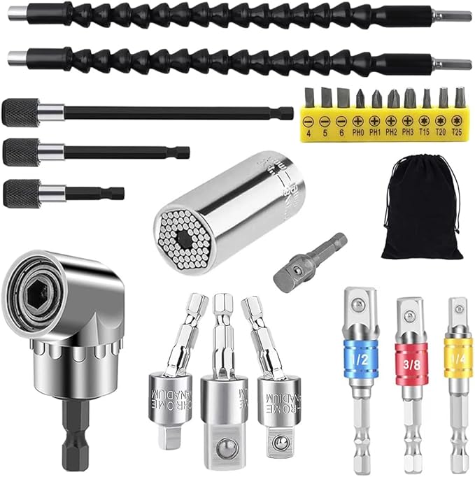 Flexible Drill Bit Extension and Universal Socket Wrench Tool Set, Hex Shank 105° Right Angle Drill Attachmen, 3pcs 1/4 3/8 1/2" Universal Socket Adapter Set and Screwdriver Bit Kit