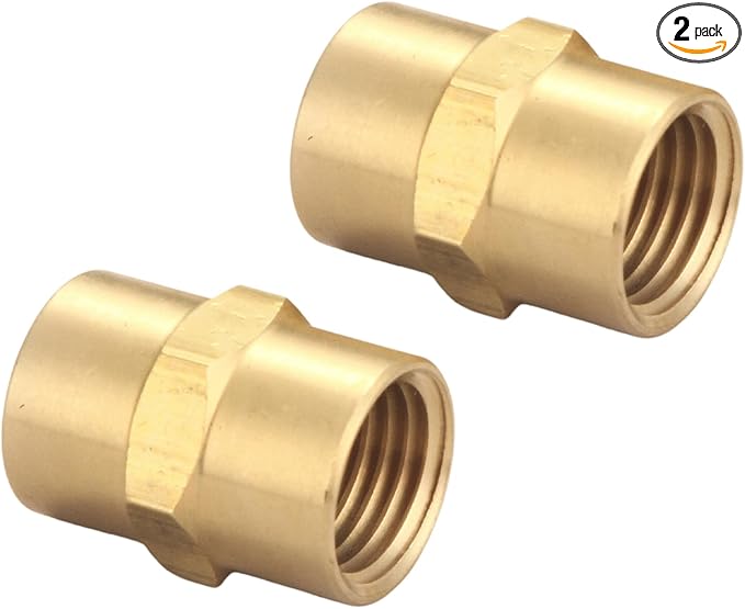 Brass Coupling 1/2 Inch NPT Female x 1/2 Inch NPT Female Hex Head Pipe Fitting, (Pack of 2), Compressor connector, fnpt to fnpt Coupler, Air Hose Adapter Brass Fittings, Thread 0.75" ID to 0.75" ID