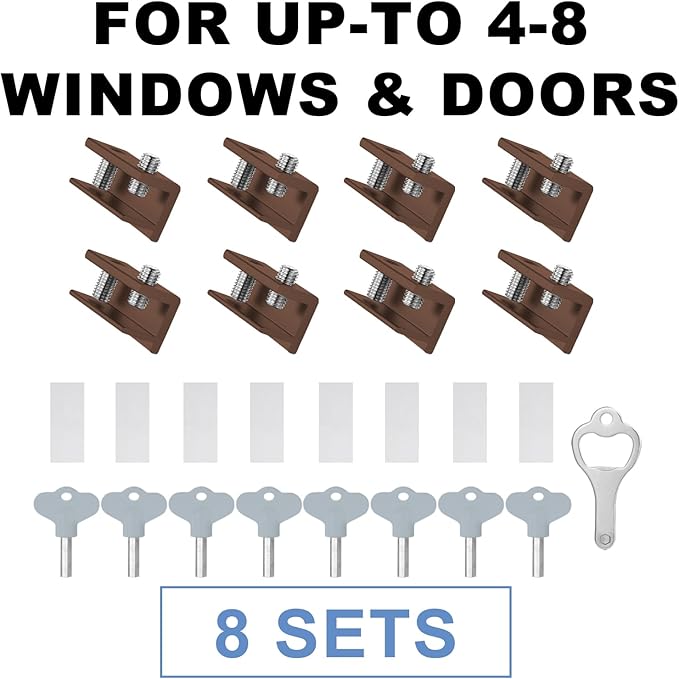 Window Locks for Sliding Windows - Sliding Window Lock Security with Keys - Adjustable Sliding Door Lock - Without Drilling Easv to Install Child Locks for Sliding Door,Patio Door(8 Sets Brown)