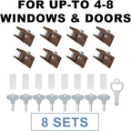 Window Locks for Sliding Windows - Sliding Window Lock Security with Keys - Adjustable Sliding Door Lock - Without Drilling Easv to Install Child Locks for Sliding Door,Patio Door(8 Sets Brown)