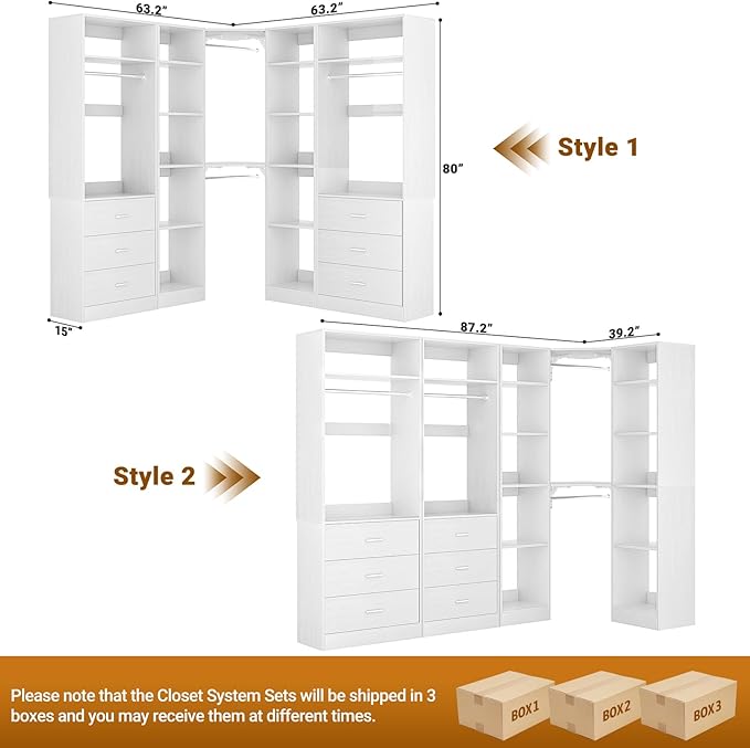 Corner Closet System with 6 Drawers, Closet Organizer System with 14 Shelves & 4 Hanging Rods, 87.2"L * 39.2"W / 63.2"L * 63.2"W Reversible L Shaped Walk-in Closets, Load 2500+LBS, White