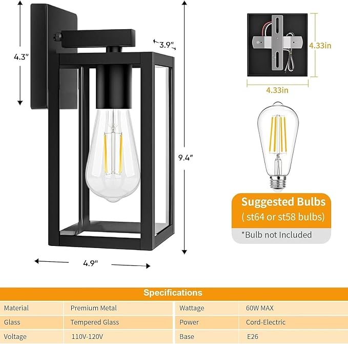 Outdoor Wall Lights, Black Exterior Light Fixtures Wall Mount, Aluminum Porch Wall Sconce Waterproof Outside Light for House 2 Pack Front Door Light for Patio Garage Doorway