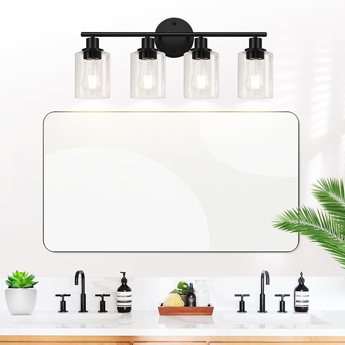 4-Light Bathroom Light Fixtures, Matte Black Modern Vanity Lights Over Mirror with Clear Glass Shade, Bathroom Wall Lamp for Mirror Kitchen Living Room Hallway Cabinet Porch Bedroom Reading room