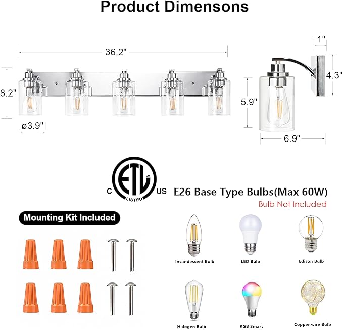 5-Light Bathroom Light Fixtures Modern Chrome Vanity Lights for Bathroom Lighting Fixtures Over Mirror with Clear Glass Shade for Cabinet Mirror Bedroom Hallway