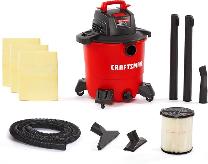 CRAFTSMAN CMXEVBE18590 9 Gallon 4.25 Peak HP Wet/Dry Shop Vac, Portable Shop Vacuum Wet and Dry with Filter, 3 Dust Bags, Hose and Attachments for Home, Garage and Automotive Cleaning