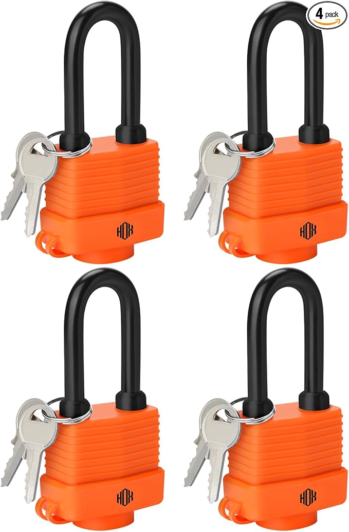 HOX 4-Pack Weather Resistant Padlocks – 40mm Laminated Steel, Chrome Plated with 2-inch Shackle, Vinyl Wrapped, Hardened Steel for Extra Security
