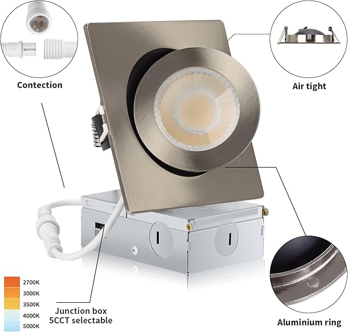 Square Brushed Nickel Recessed Lighting 4 Inch 6 Pack, Ajustable Eyeball recessed Light with Junction Box,5 Color Selectable,Airtight,9W 750LM,Dimmable,Brushed Nickel