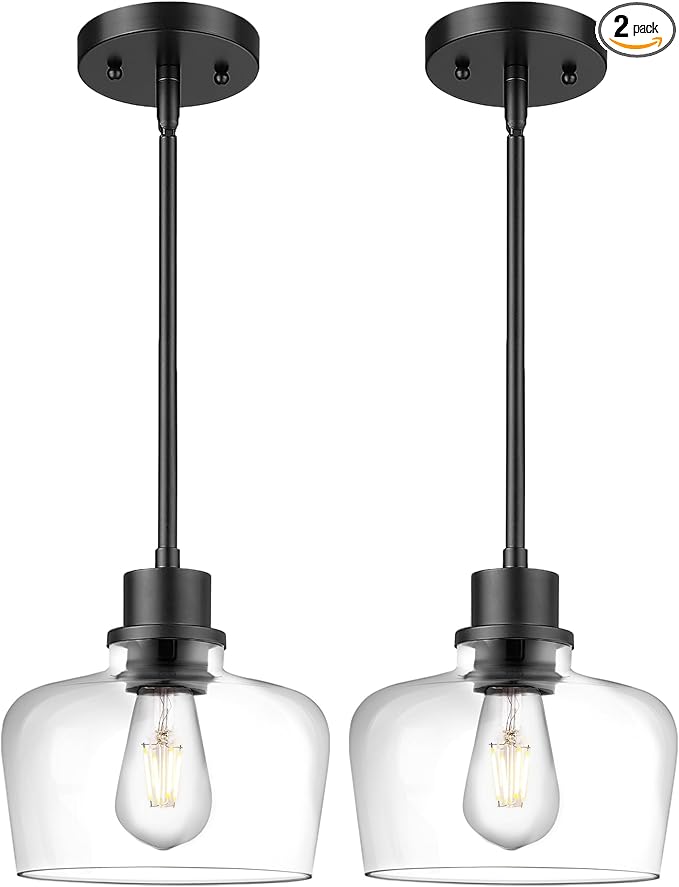 Emak 2 Pack Pendant Lights Kitchen Island, 8 Inch Black Pendant Light Fixtures with Clear Glass Shade, Modern Farmhouse Island Lights for Kitchen, Dining Room, Bar, PL122-BK-CG-2PK