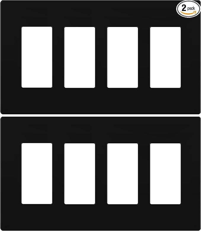 LIDER Matte Finish Quadruple Decorator Switch Cover, Screwless Wall Plate, Mid-Size 4-Gang 4.88" x 8.58", Polycarbonate Thermoplastic, UL Listed, LSWP-34M-BK2P, Black, 2 Pack