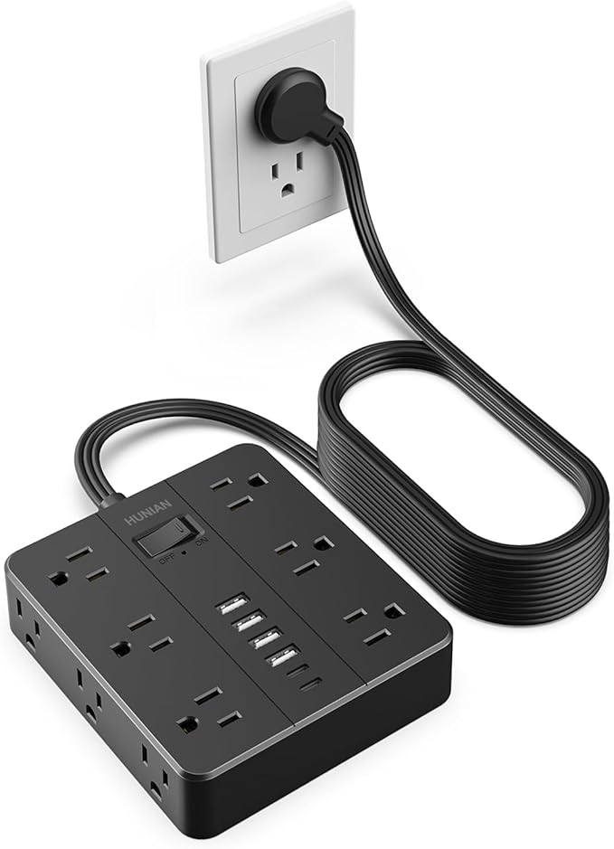 Extension Cord 25 Ft, HUNIAN Flat Plug Power Strip Surge Protector, 12 Widely Spaced Outlets with 6 USB Charger (2 USB C Ports), Desk Charging Station for Home Office Supplies, Dorm Room, Black