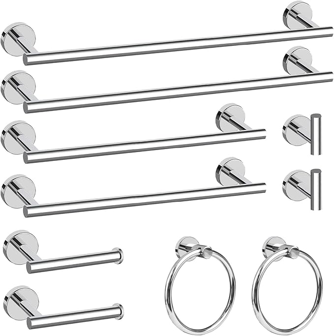 Cilee 10 Piece Chrome Bathroom Hardware Set,2 Pack 5 Piece Bathroom Accessories Set Include 24 inch,16 inch Toilet Paper Holder, Towel bar,Towel Ring,Towel Hook,Stainless Steel Wall Mounted