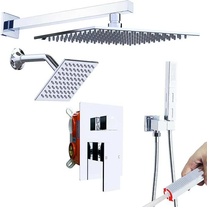Enga Shower System Dual Shower Heads with 10+6" Dual Rain Shower Head with Handheld Spray for Two People, Wall Mount Shower Faucet Set with Valve Kit, Chrome