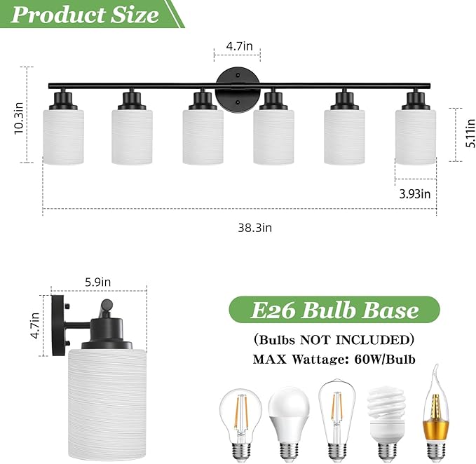 6-Light Bathroom Light Fixtures, Vanity Lights for Mirror with Textured Milky White Glass Shade, E26 Base Modern Kitchen Light Fixtures Wall Sconce Light - Black