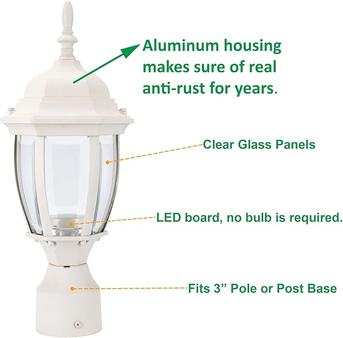 LIT-PaTH LED Outdoor Post Lighting Fixture, Pole Lantern, 9.5W 800 Lumens, 3000K Warm White, Aluminum Housing Plus Glass, Matte White Finish, 2-Pack