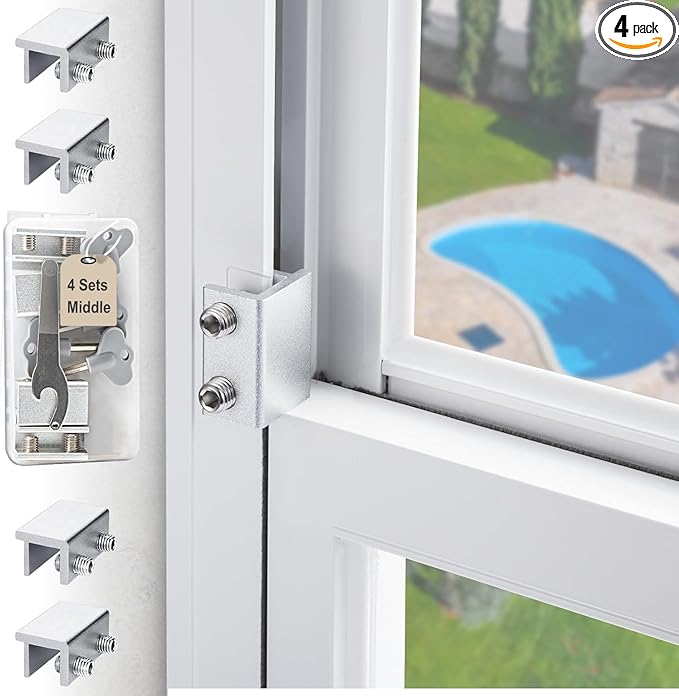 4 Sets Sliding Window Locks with Key, Window Locks for Up and Down Windows,Easy to Install Vertical & Horizontal Window Security Locks,Adjustable Aluminum Window Stopper Lock(Silver)