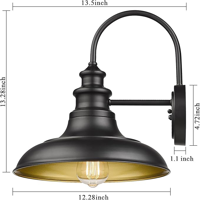Dusk to Dawn Sensor Outdoor Barn Light Fixture, 12.3 Inch Dome Outdoor Wall Sconce Farmhouse Wall Mount Lights Exterior Gooseneck Light Fixture Black Finish Industrial Wall Lantern for Porch, 2Pack