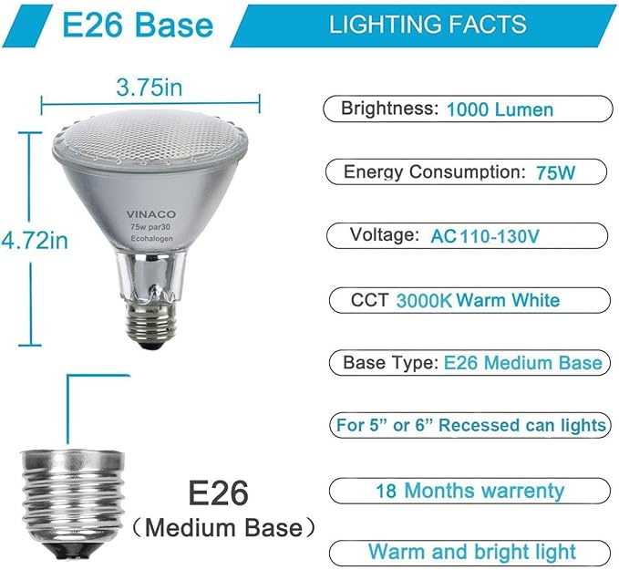 Vinaco Halogen PAR30 Long Neck 75W 120V 1000LM, 6 Pack High Output Halogen PAR30 Dimmable 3000K Warm White with E26 Base, Long Lifespan Long Neck Flood Light Bulb with CRI100 for Tracking Lighting