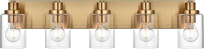 5 Light Bathroom Vanity Lights Brushed Nickel Bathroom Lighting Fixtures Over Mirror with Clear Glass Shades, Modern Industrial Wall Sconces Vanity Lighting Fixture for Bedroom Living Room