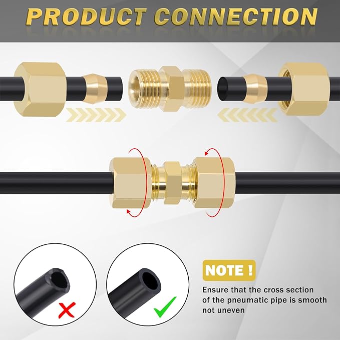 Brass Tube Pipe Compression Fitting, 10 Pcs 1/4" Tube OD x 1/4" Tube OD Ice Maker Water Line Compression Union Connector & 10 PCS Compression Sleeves Ferrules