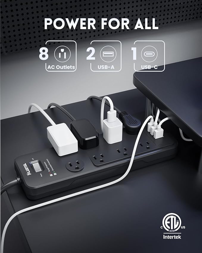 Surge Protector Power Strip 10FT, PLUGTUL Surge Protector with 8 Outlets - Spacious Design for Large Plugs, Flat Plug, 20W USB C Charging for Home, Office, ETL Listed, 2040J