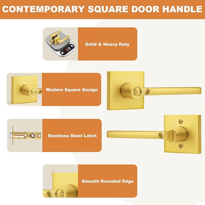 Probrico Gold Privacy Door Handle Lockset Heavy Duty Square Satin Brass Interior Door Lever for Bedroom or Bathroom Reversible Keyless Handleset Door Knob Slim Handed Levers, 10 Pack