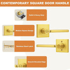 Probrico Gold Privacy Door Handle Lockset Heavy Duty Square Satin Brass Interior Door Lever for Bedroom or Bathroom Reversible Keyless Handleset Door Knob Slim Handed Levers, 4 Pack