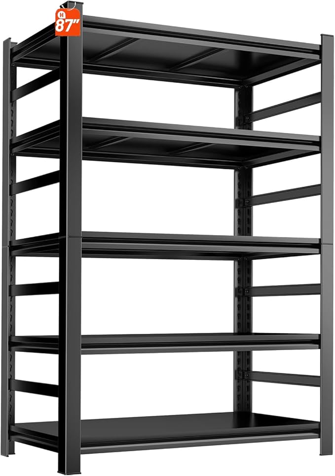 Garage Shelving Units, Heavy Duty 5-Tier Storage Shelves, Metal Adjustable Storage Rack, Steel Shelves, 2750 lbs Capacity, Industrial Shelving for Heavy Tools (Black, 23.62"Dx47.24"Wx72.04"H, 5-tier)