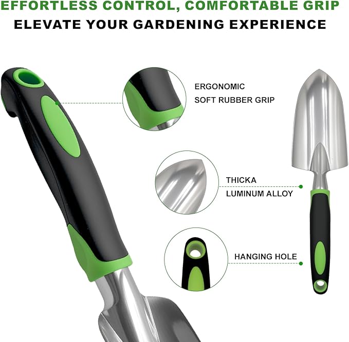 8 Piece Garden Tools, Green Anti-Slip Heavy Duty Gardening Hand Tools. Suitable for Gardeners, Potted Indoor use of Small Garden Tools to Organize with a Handbag