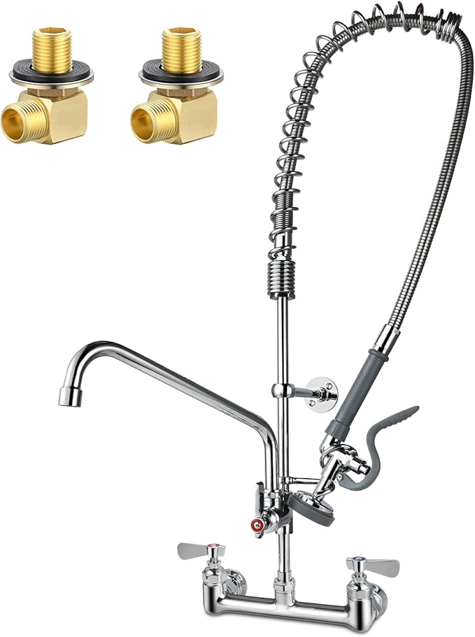Commercial Sink Faucet with Sprayer 36" Height, 8 Inch Center Wall Mount Kitchen Sink Faucet with Down Pre-Rinse Sprayer and 12" Add-on Swing Spout
