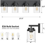 Bathroom Vanity Light Fixture with Clear Glass Shade, 4-Light Matte Black Bathroom Light Fixtures Over Mirror, Modern Vanity Lighting Fixtures for Bathroom/Living Room/Bedroom, E26 lamp Holder