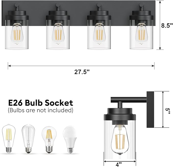 Bathroom Vanity Light Fixture with Clear Glass Shade, 4-Light Matte Black Bathroom Light Fixtures Over Mirror, Modern Vanity Lighting Fixtures for Bathroom/Living Room/Bedroom, E26 lamp Holder