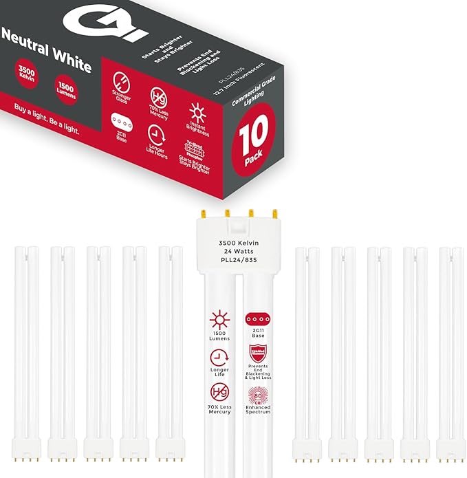 GoodBulb PLL24/835 | 24W 12.7" Twin Tube Compact Fluorescent Light Bulb | 4-pin 2G11 Base 3500K Neutral White 1500 Lumen | 36000 Hour Long Life Biax | Pack of 10