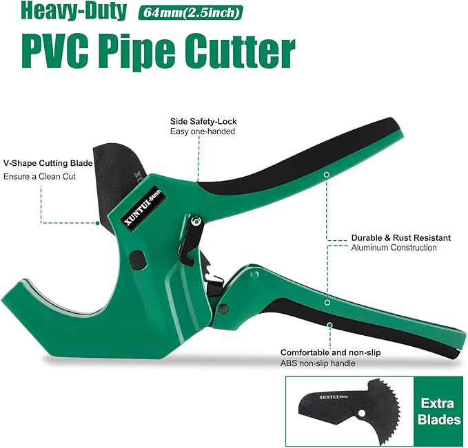 PVC Pipe Cutter for Sch 40 PVC Pipe with extra blade，Up to 2-1/2" Ratchet Pipe Cutter Pex Cutting Tool for Cutting PEX, PVC, PPR Plastic Hoses and Plumbing Pipe (Dark Green,inch64mm)