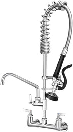 Commercial Kitchen Faucet Heavy Duty Wall Mount Sink Faucet, 8 Inch Center 25 Inch Commercial Kitchen Faucet with Pre-Rinse Sprayer （Black） and 10 Inch Add-On Spout for 1,2,3 Compartment Sinks