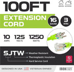 Iron Forge Cable Weatherproof 100 Ft Outdoor Extension Cord - 16/3 SJTW 13 Amp Heavy Duty Neon Green High Visibility Cable with 3 Prong - Lighted End