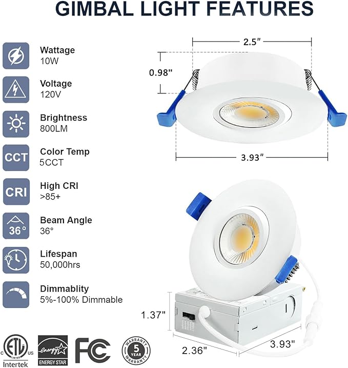 6 Pack White 3-inch 5 CCT Gimbal LED Recessed/Downlight Color Selectable 2700K/3000K/3500K/4000K/5000K 800Lm 10W 120V Dimness Adjustable LED Lights