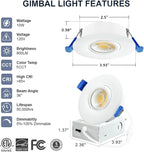 4 Pack White 3-inch 5 CCT Gimbal LED Recessed/Downlight Color Selectable 2700K/3000K/3500K/4000K/5000K 800Lm 10W 120V Dimness Adjustable LED Lights