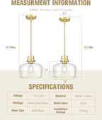 Emak Modern Gold Pendant Lights Kitchen Island, 10 Inch Large Pendant Light Fixtures with Clear Glass Shade for Kitchen, Dining Room, Entrance, PL126-GD-CG