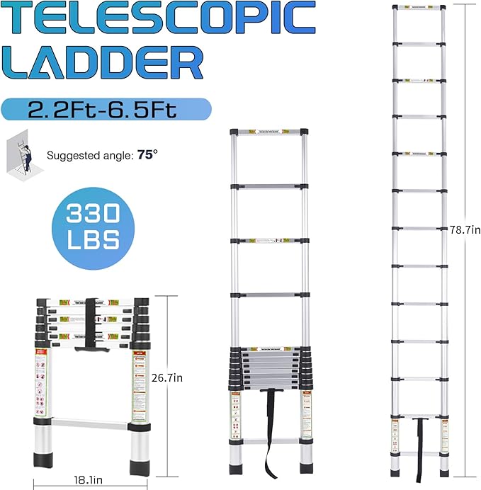 RIKADE Telescoping Ladder 6.5FT & Attic Ladder, Heavy Duty Aluminum with Non-Slip Feet, 330lb Capacity for RV, Attic, Roof & Multi-Surface Use