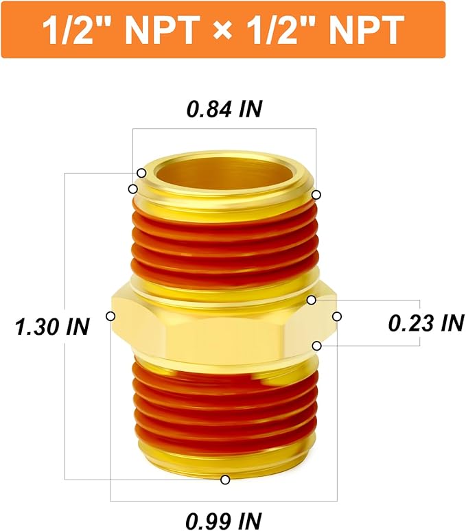 GASHER 5PCS Brass Pipe Fitting, Hex Nipple, 1/2" Male Pipe x 1/2" Male Pipe With Sealant