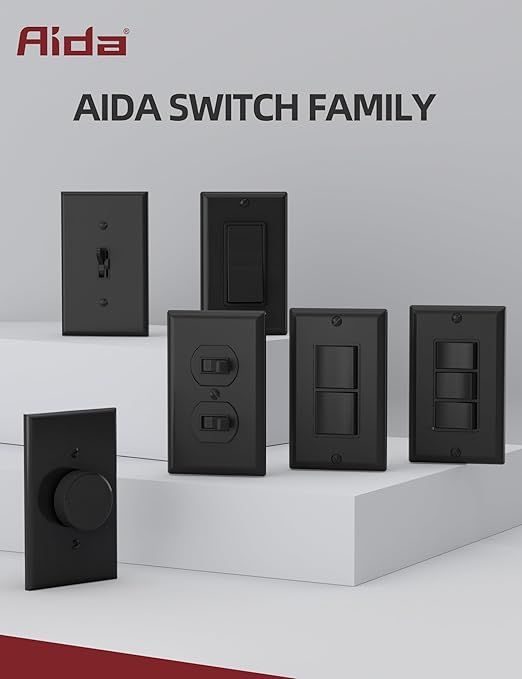 AIDA 4 Way Switch Decorative Light Switch, 15Amp, 120/277 Volt, AC Decorator Rocker Switch, Wall Plate Included, Self-Grounding, Residential and Commercial Grade, UL Listed (10 Pack, Glossy Black)