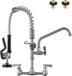 [New Upgrade] Brushed Nickel 21" Height Commercial Kitchen Faucet with Pre-Rinse Sprayer 8 Inch Center Wall Mount Kitchen Sink Faucet with 10" Add-on Swing Spout for 1/2 Compartment Sink