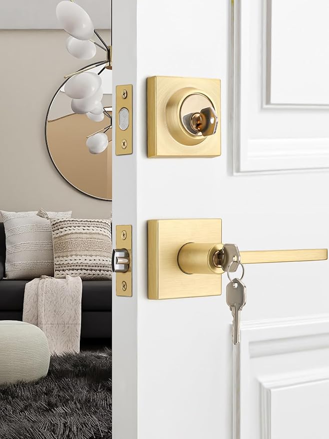 4 Sets Entry Door Handle and Single Cylinder Deadbolt Lock and Key Combo Pack - Heavy Duty Square Locking Lever Set - Interior/Exterior Door Levers in Satin Brass Finish
