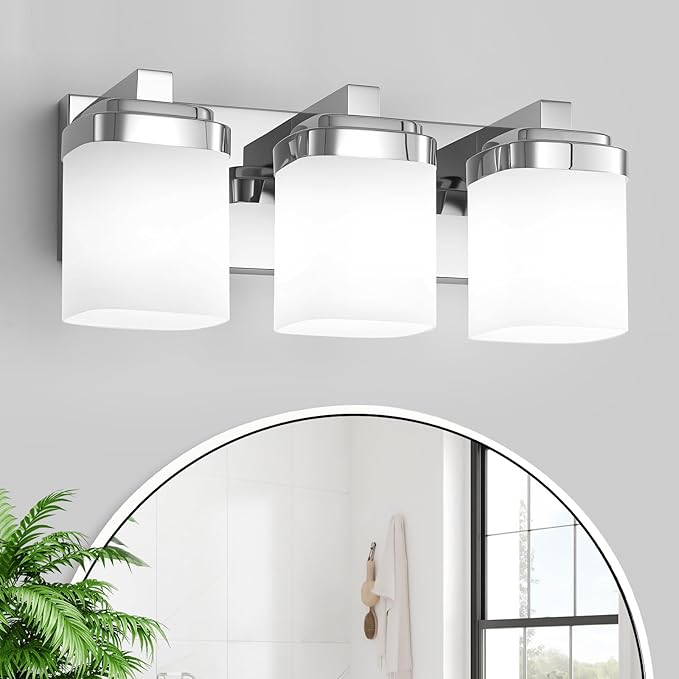 3-Light Chrome Bathroom Light Fixtures, Vanity Lights for Bathroom Mirror Lamp with Milky White Square Glass Shade, E26 Base Modern Wall Sconce Kitchen Light Fixtures Led Vanity