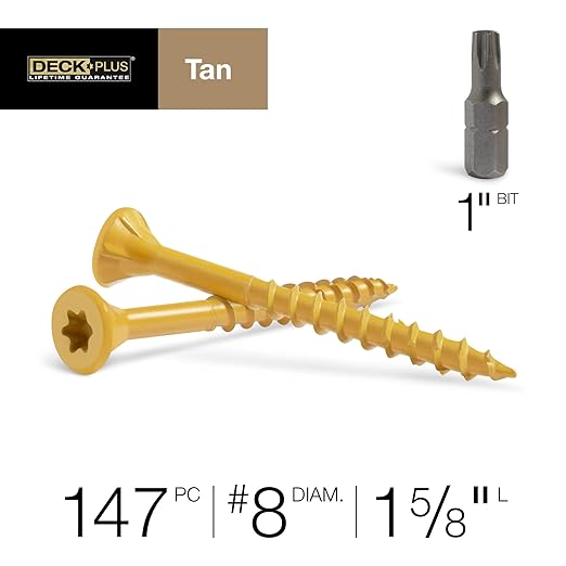 Deck Plus 1-5/8 Inch Epoxy Coated Exterior Wood and Fence Screws #8 x 1-5/8" Torx/Star Drive Included Coarse Thread, Outdoor Rust Resistant Decking Screw, Tan, 1lb Box, 186 Pieces | 48411