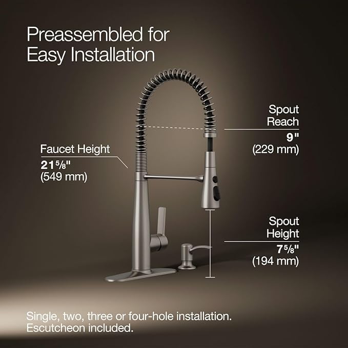 KOHLER K-R22745-SD-VS Semi-Professional Kitchen Faucet with Soap Dispenser/Lotion Dispenser, Commercial Kitchen Sink Faucet with Pull-Down Sprayhead, Vibrant Stainless