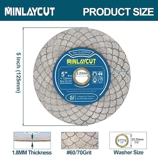 Diamond Tile Saw Blade 5" 125mm Cut Off Wheel for Cutting and Grinding Porcelain Ceramic Tile Marble Artificial Stone