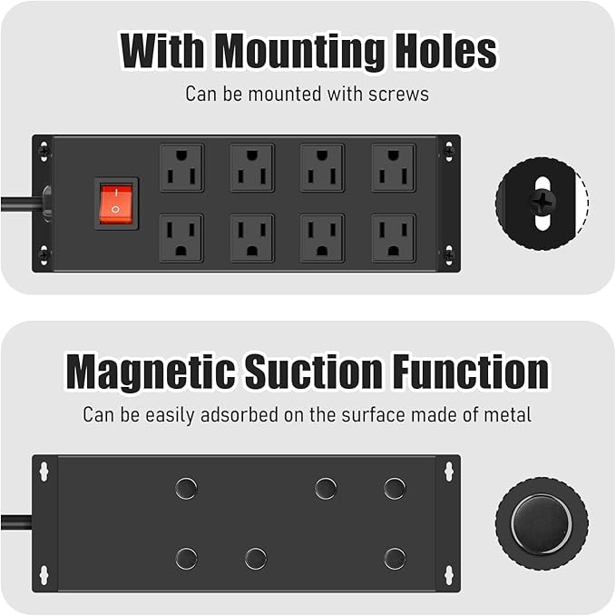 HHSOET Metal Magnetic Power Strip, 8 Outlet Mountable Socket, Wall Mount Heavy Duty Surge Protector, Catering for Your Every Need, Gaming Table Outlet with 6 FT Power Cord.(Black)