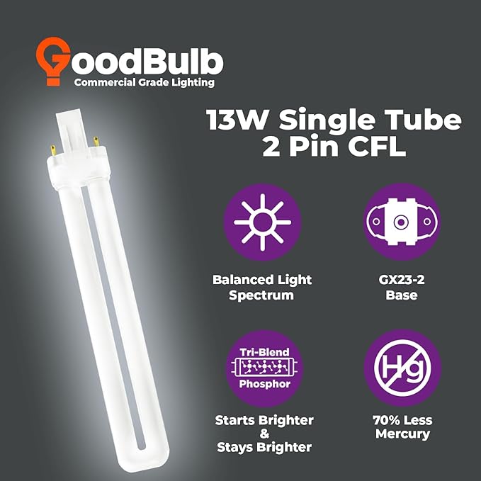 GoodBulb 13 Watt CFL Light Bulbs 2 Pin GX23 Base 6500K Full Spectrum 13W High Output 800 Lumens Single Tube Compact Fluorescent Light Bulbs Plug-in 10 Pack