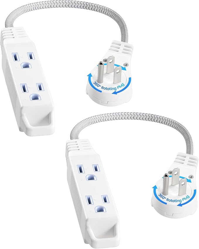 SURAIELEC 1FT Extension Cord, 360° Rotating Flat Plug Extension Cord Flat Wall Plug with 3 Outlets, White Braided Flat Cord for Indoor Use, Compact Areas, 16/3C SPT, ETL Listed, 2 Pack